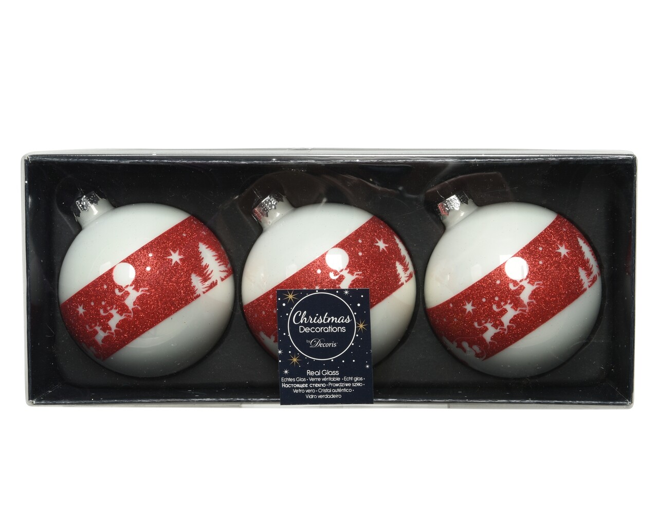 Set 3 globuri Santa w reindeer, Decoris,  Ø8 cm, sticla, alb/rosu - imagine 3